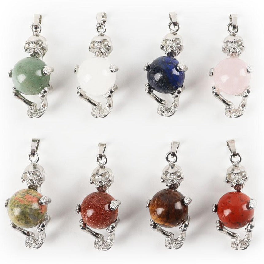 Silver Skeleton Wrapped Gemstone Pendant Spiritual Necklace