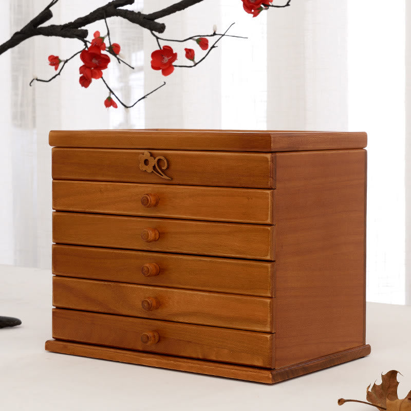 Coffret à bijoux en bois à six niveaux avec sculptures de fleurs de prunier vintage