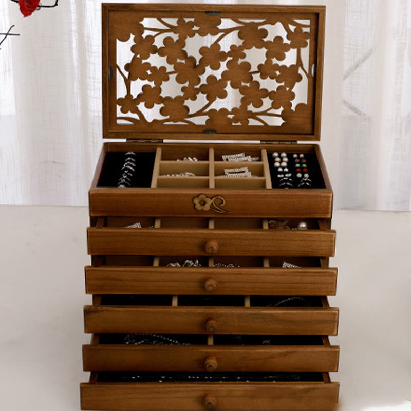Coffret à bijoux en bois à six niveaux avec sculptures de fleurs de prunier vintage
