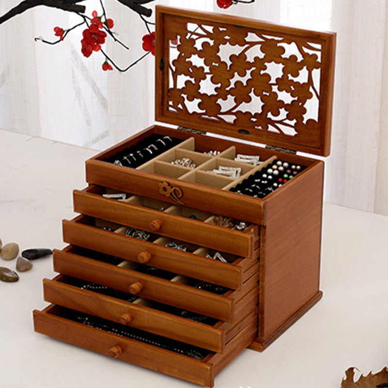 Coffret à bijoux en bois à six niveaux avec sculptures de fleurs de prunier vintage