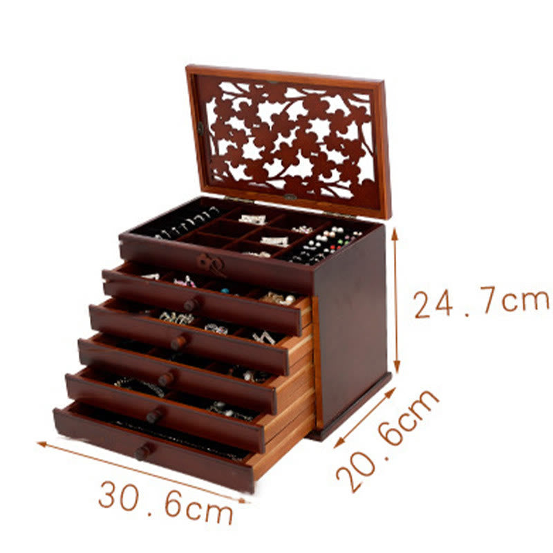 Coffret à bijoux en bois à six niveaux avec sculptures de fleurs de prunier vintage