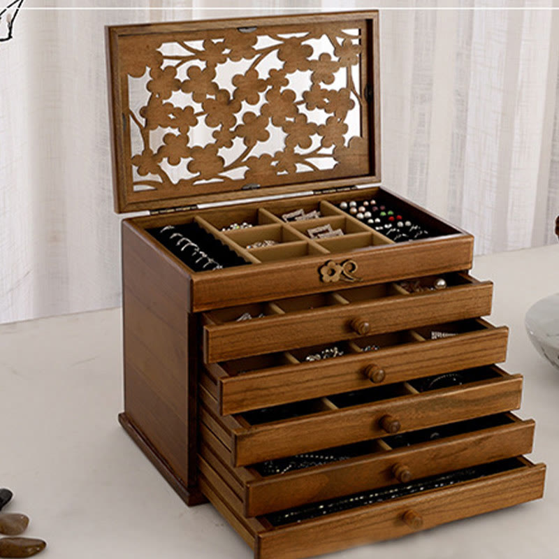 Coffret à bijoux en bois à six niveaux avec sculptures de fleurs de prunier vintage