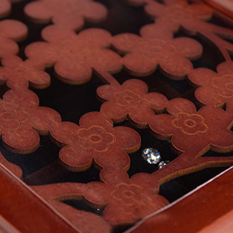 Coffret à bijoux en bois à six niveaux avec sculptures de fleurs de prunier vintage