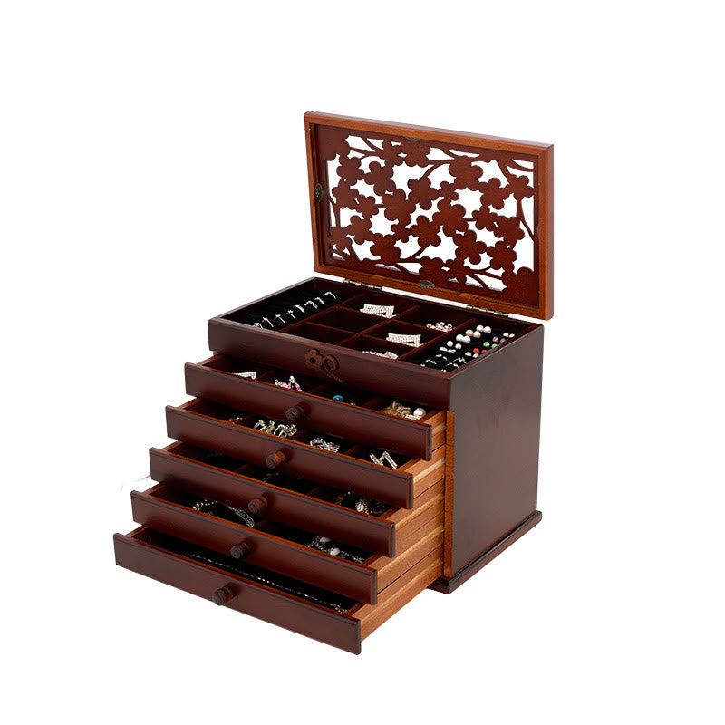Coffret à bijoux en bois à six niveaux avec sculptures de fleurs de prunier vintage