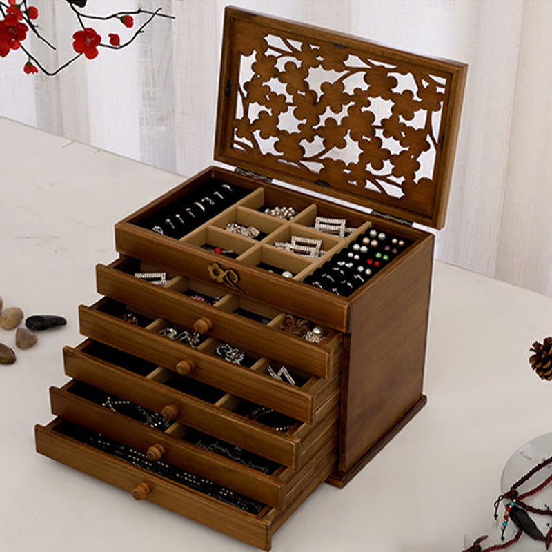 Coffret à bijoux en bois à six niveaux avec sculptures de fleurs de prunier vintage