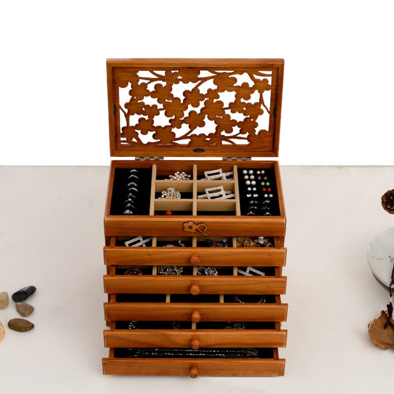 Coffret à bijoux en bois à six niveaux avec sculptures de fleurs de prunier vintage