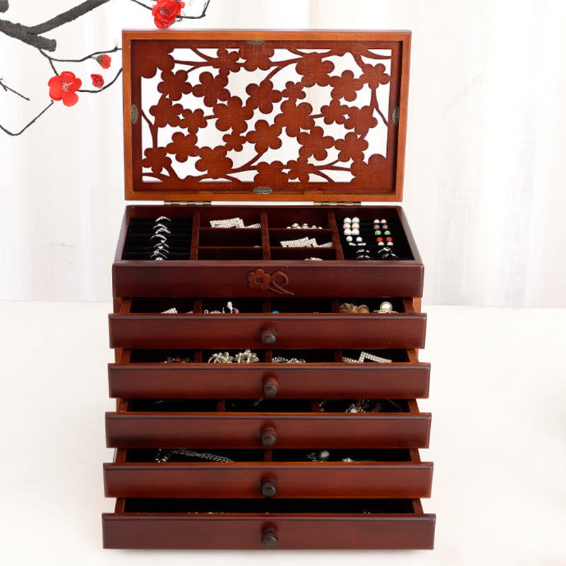 Coffret à bijoux en bois à six niveaux avec sculptures de fleurs de prunier vintage