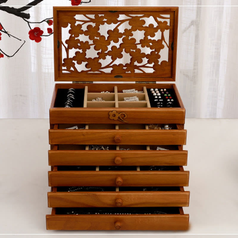 Coffret à bijoux en bois à six niveaux avec sculptures de fleurs de prunier vintage