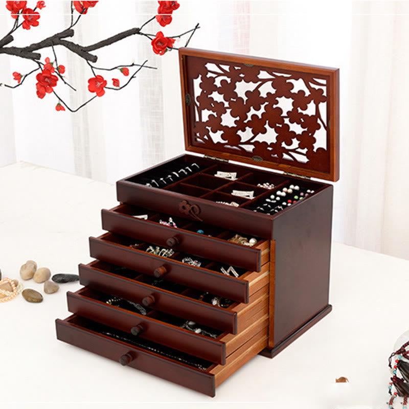Coffret à bijoux en bois à six niveaux avec sculptures de fleurs de prunier vintage