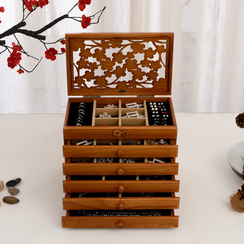 Coffret à bijoux en bois à six niveaux avec sculptures de fleurs de prunier vintage