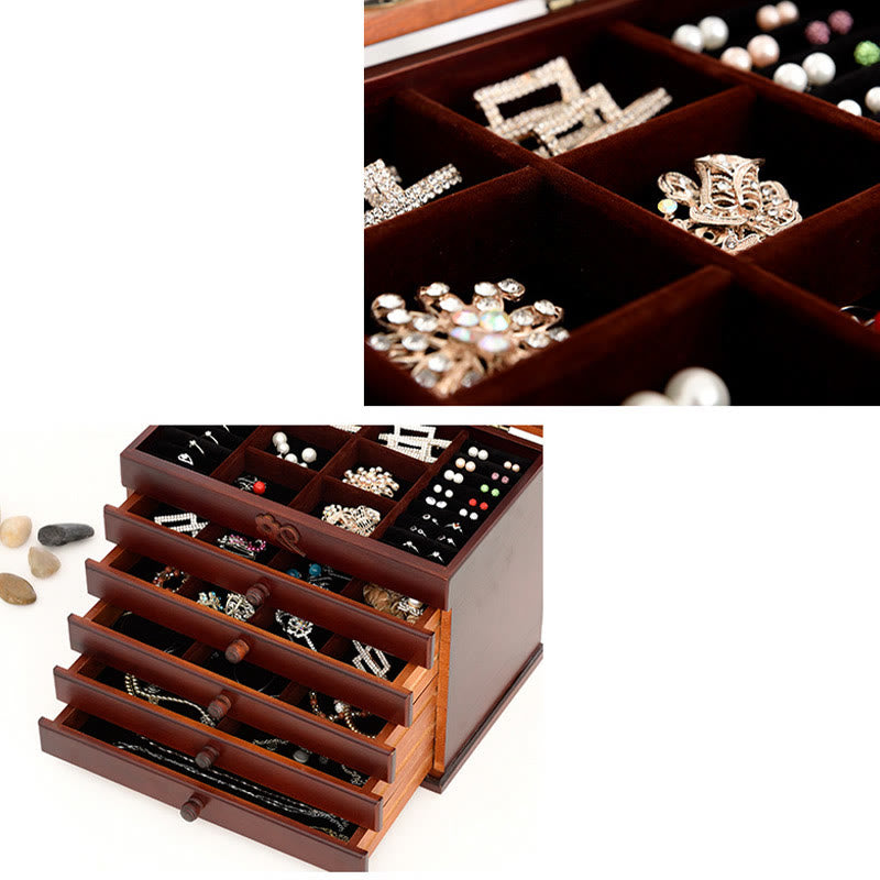 Coffret à bijoux en bois à six niveaux avec sculptures de fleurs de prunier vintage