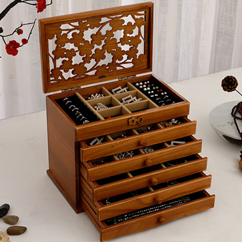 Coffret à bijoux en bois à six niveaux avec sculptures de fleurs de prunier vintage