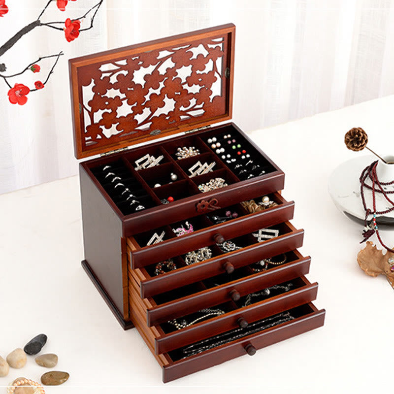 Coffret à bijoux en bois à six niveaux avec sculptures de fleurs de prunier vintage