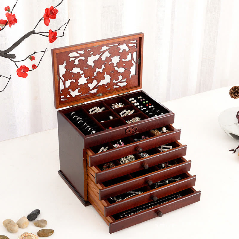 Coffret à bijoux en bois à six niveaux avec sculptures de fleurs de prunier vintage