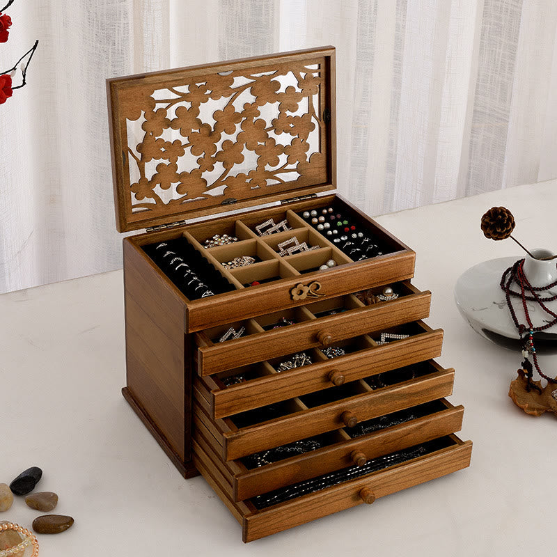 Coffret à bijoux en bois à six niveaux avec sculptures de fleurs de prunier vintage