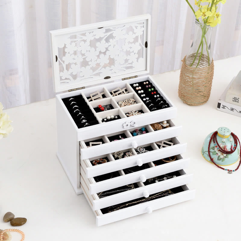 Coffret à bijoux en bois à six niveaux avec sculptures de fleurs de prunier vintage