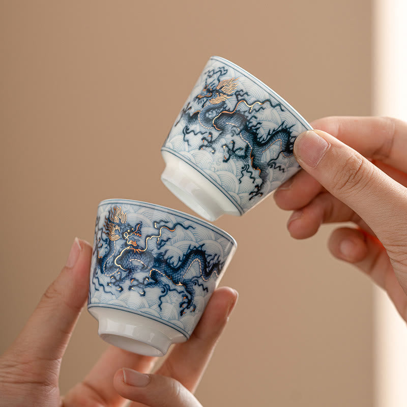Petite tasse à thé en céramique Dragon bleu et blanc | Thé Kung Fu 45 ml