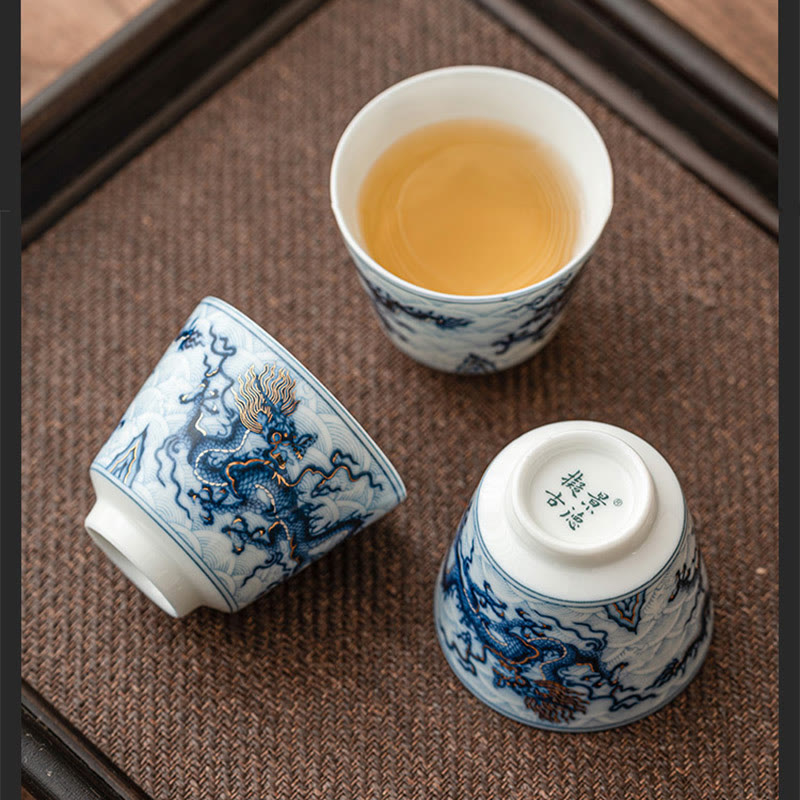 Petite tasse à thé en céramique Dragon bleu et blanc | Thé Kung Fu 45 ml