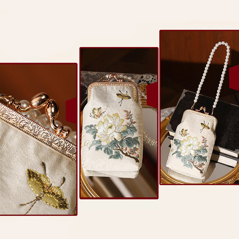 Petit sac à bandoulière avec chaîne de perles brodées de papillons et de fleurs