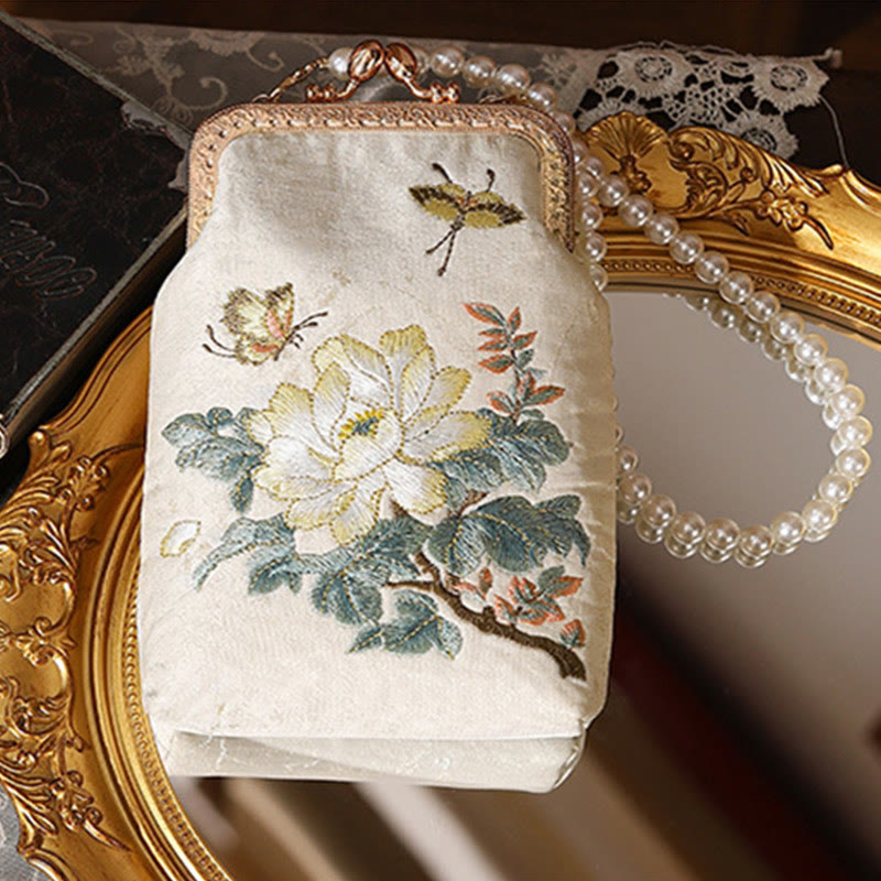 Petit sac à bandoulière avec chaîne de perles brodées de papillons et de fleurs