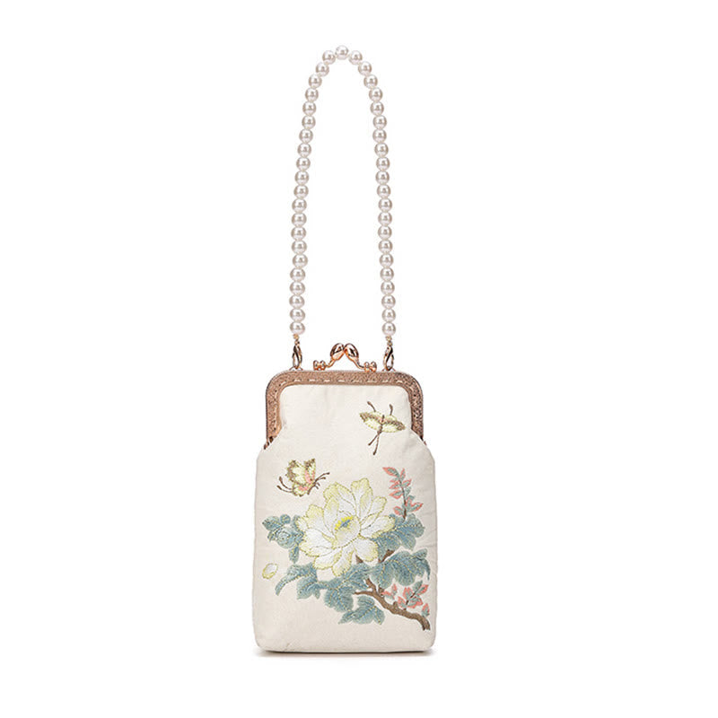 Petit sac à bandoulière avec chaîne de perles brodées de papillons et de fleurs