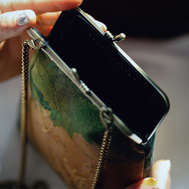 Petit sac à bandoulière à chaîne en métal avec motif papillon pivoine verte