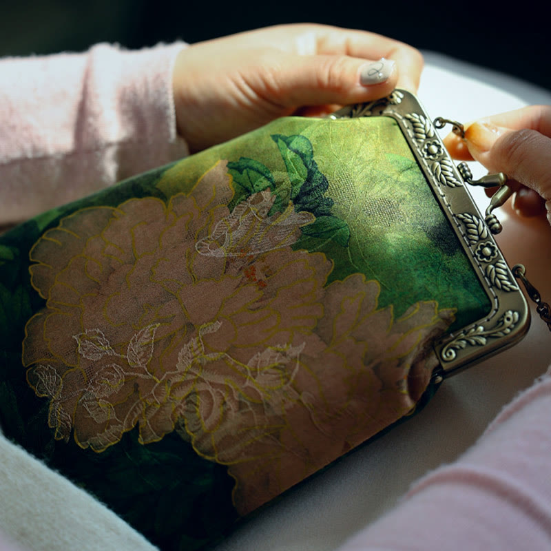 Petit sac à bandoulière à chaîne en métal avec motif papillon pivoine verte