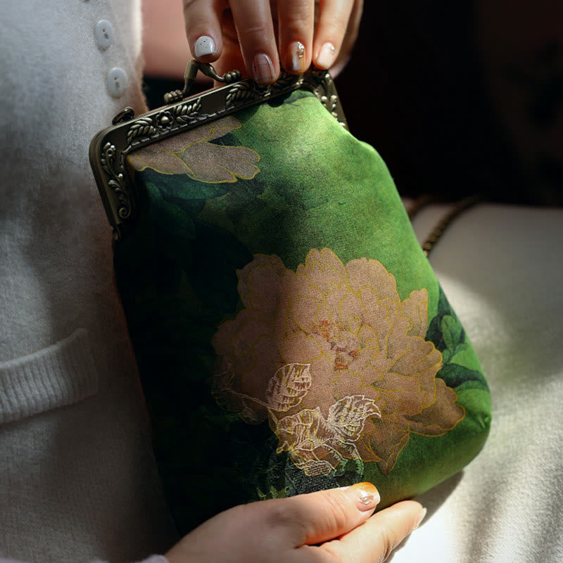 Petit sac à bandoulière à chaîne en métal avec motif papillon pivoine verte