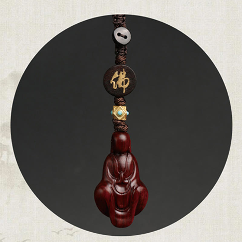 Porte-clés de protection Bouddha en bois de santal rouge à petites feuilles
