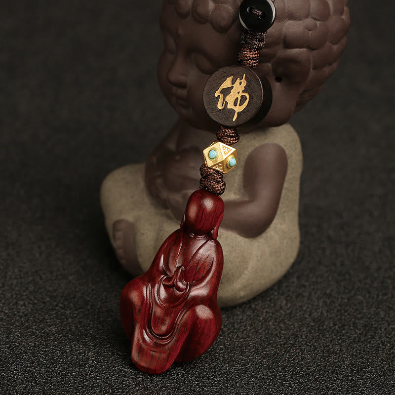 Porte-clés de protection Bouddha en bois de santal rouge à petites feuilles