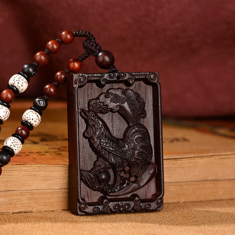 Collier du zodiaque chinois en bois de santal rouge à petites feuilles pour le calme