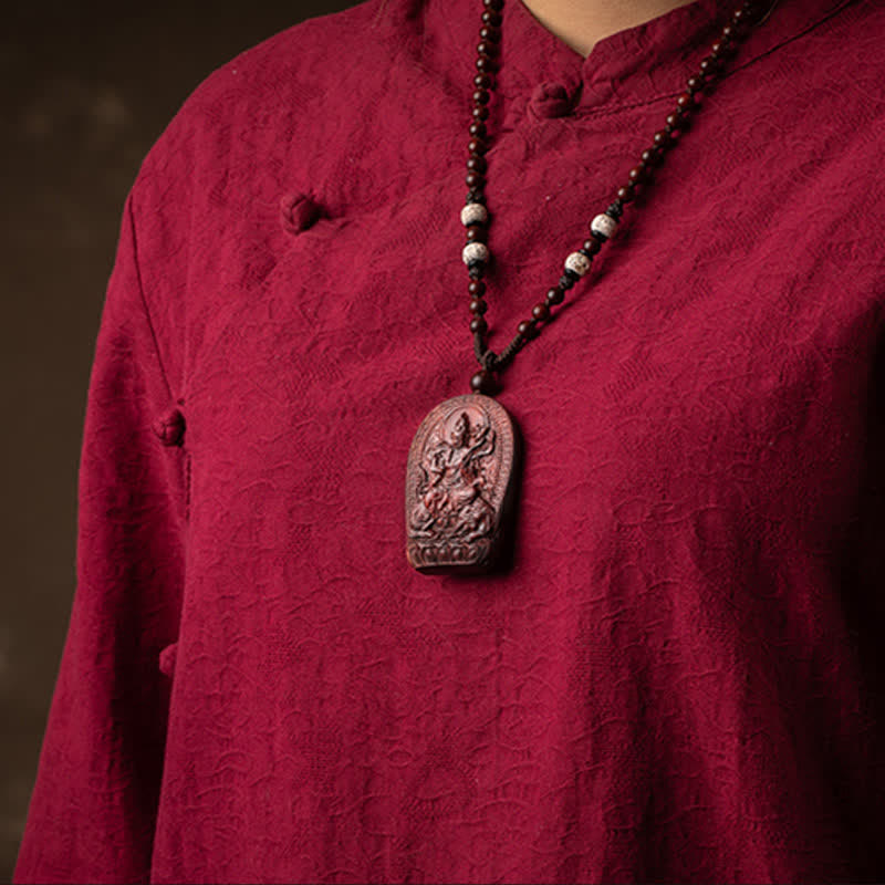 Collier de protection du zodiaque chinois en bois de santal rouge à petites feuilles