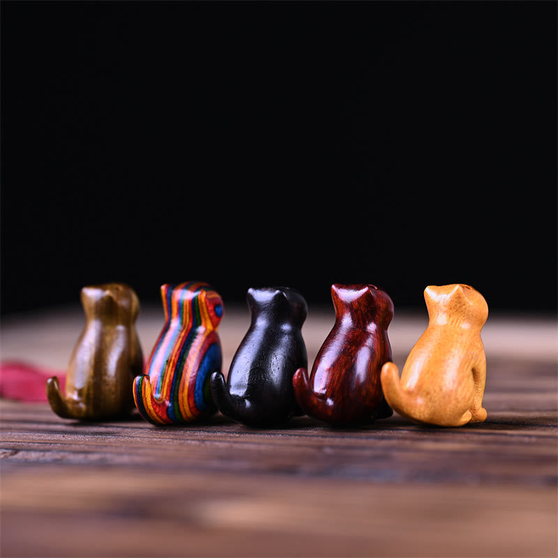 Mini chat porte-bonheur en bois de santal rouge à petites feuilles, 3,2 cm, décoration