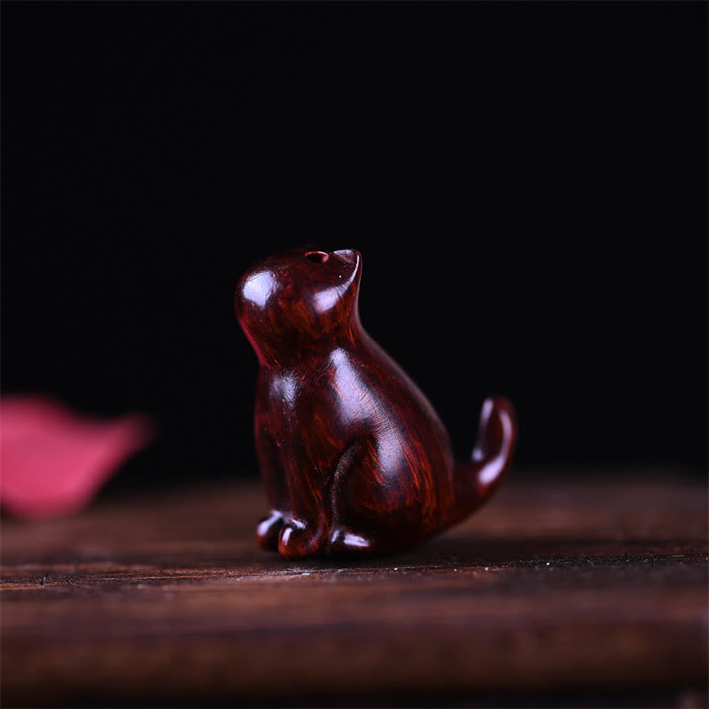 Mini chat porte-bonheur en bois de santal rouge à petites feuilles, 3,2 cm, décoration