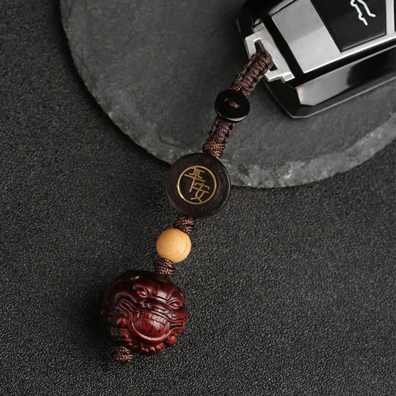 Porte-clés de protection Pixiu en bois de santal rouge à petites feuilles