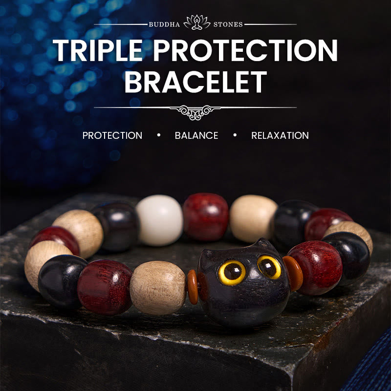 Bracelet de protection en bois de santal rouge à petites feuilles avec gravure de chat mignon