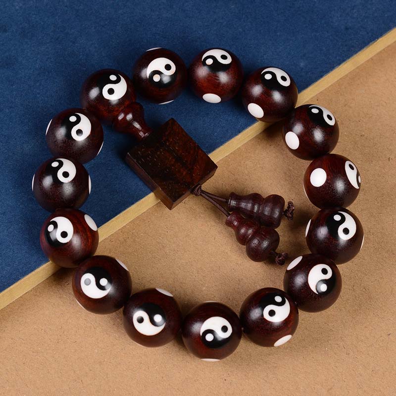 Bracelet Yin Yang en bois de santal rouge à petites feuilles 20 mm