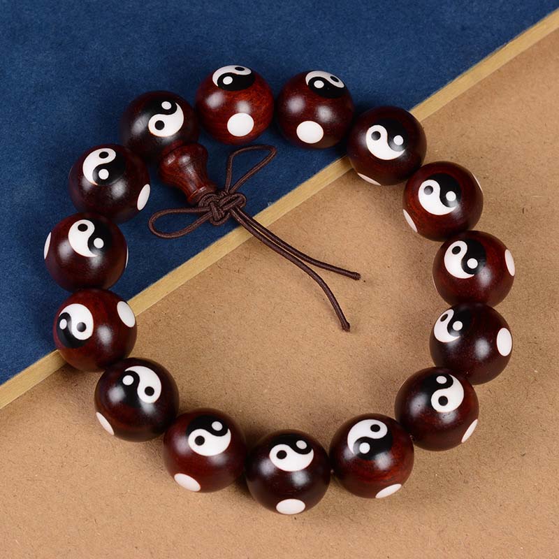 Bracelet Yin Yang en bois de santal rouge à petites feuilles 20 mm