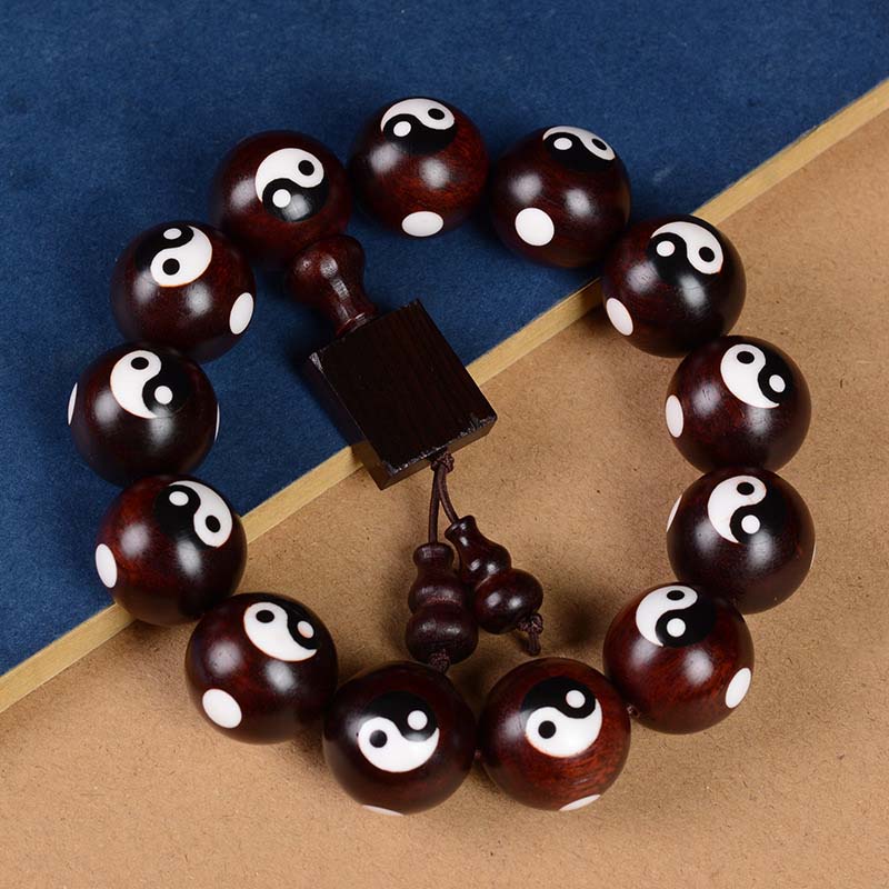 Bracelet Yin Yang en bois de santal rouge à petites feuilles 20 mm