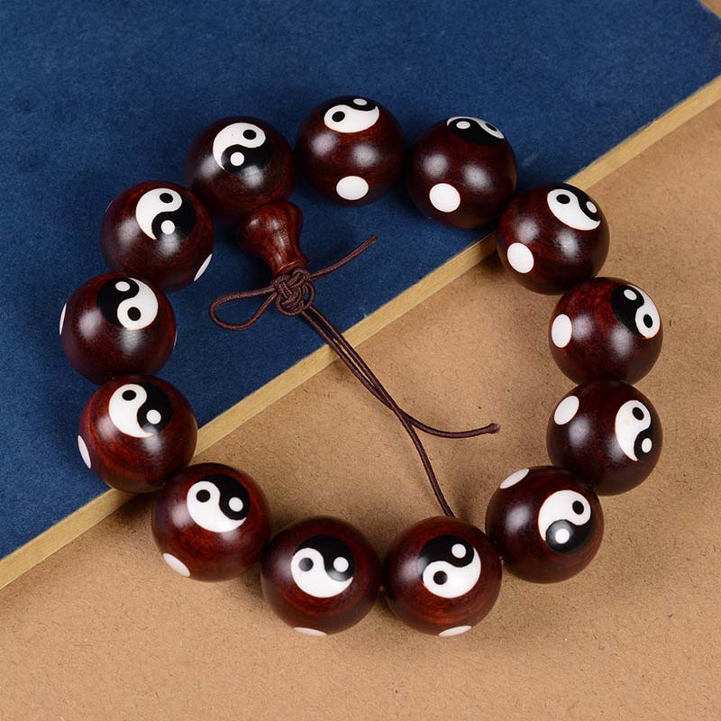 Bracelet Yin Yang en bois de santal rouge à petites feuilles 20 mm