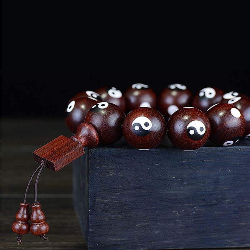 Bracelet Yin Yang en bois de santal rouge à petites feuilles 20 mm