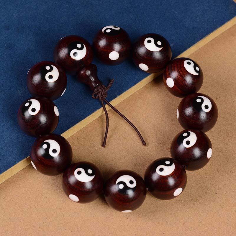 Bracelet Yin Yang en bois de santal rouge à petites feuilles 20 mm