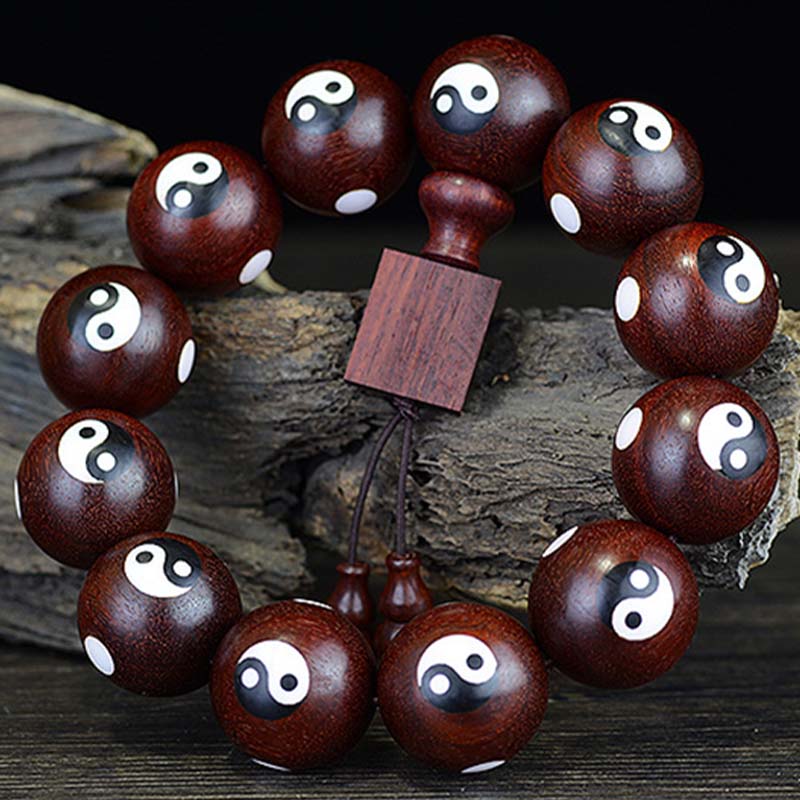 Bracelet Yin Yang en bois de santal rouge à petites feuilles 20 mm