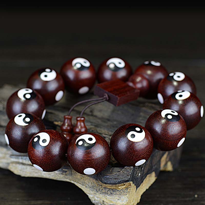 Bracelet Yin Yang en bois de santal rouge à petites feuilles 20 mm