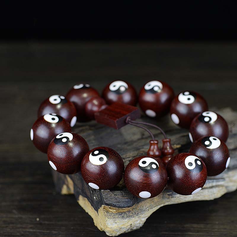 Bracelet Yin Yang en bois de santal rouge à petites feuilles 20 mm