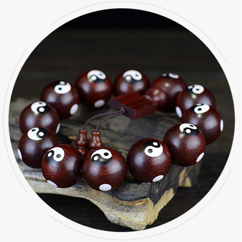 Bracelet Yin Yang en bois de santal rouge à petites feuilles 20 mm