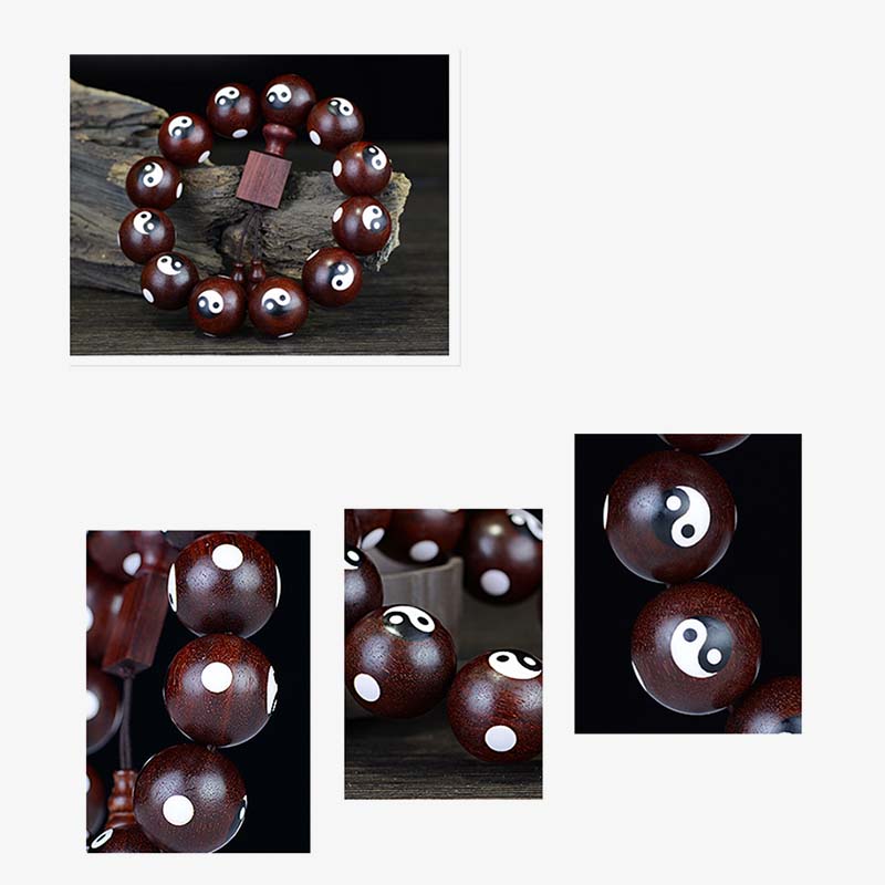 Bracelet Yin Yang en bois de santal rouge à petites feuilles 20 mm