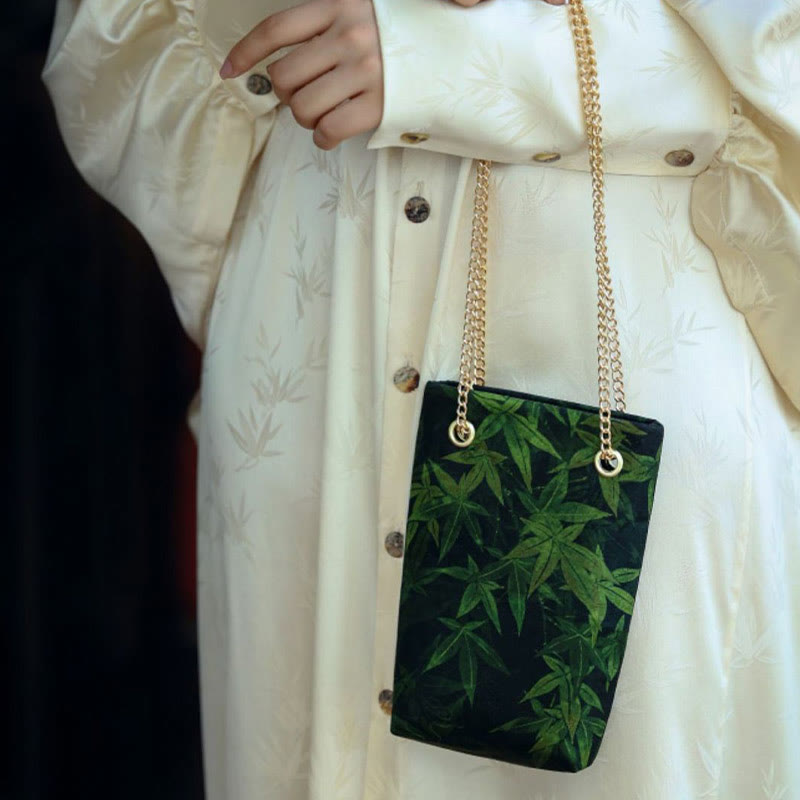 Petit sac bandoulière à chaîne en métal motif feuille d'érable et kaki