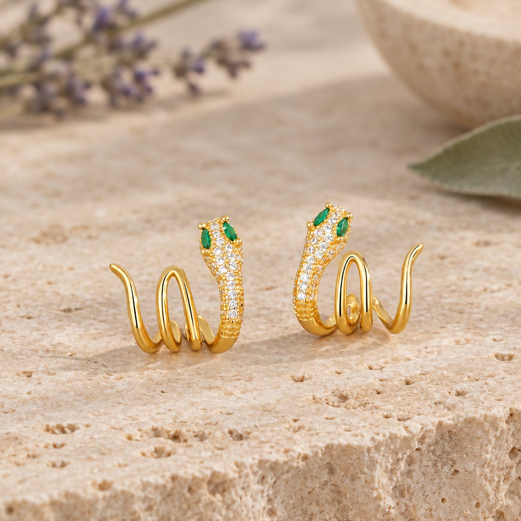 925 Sterling Silver Green-eyed Snake Earrings for Harmony, gold pair