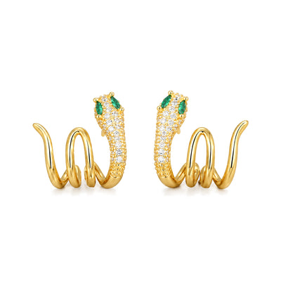925 Sterling Silver Green-eyed Snake Earrings for Harmony, Green-eyed Snake Gold, on a white background